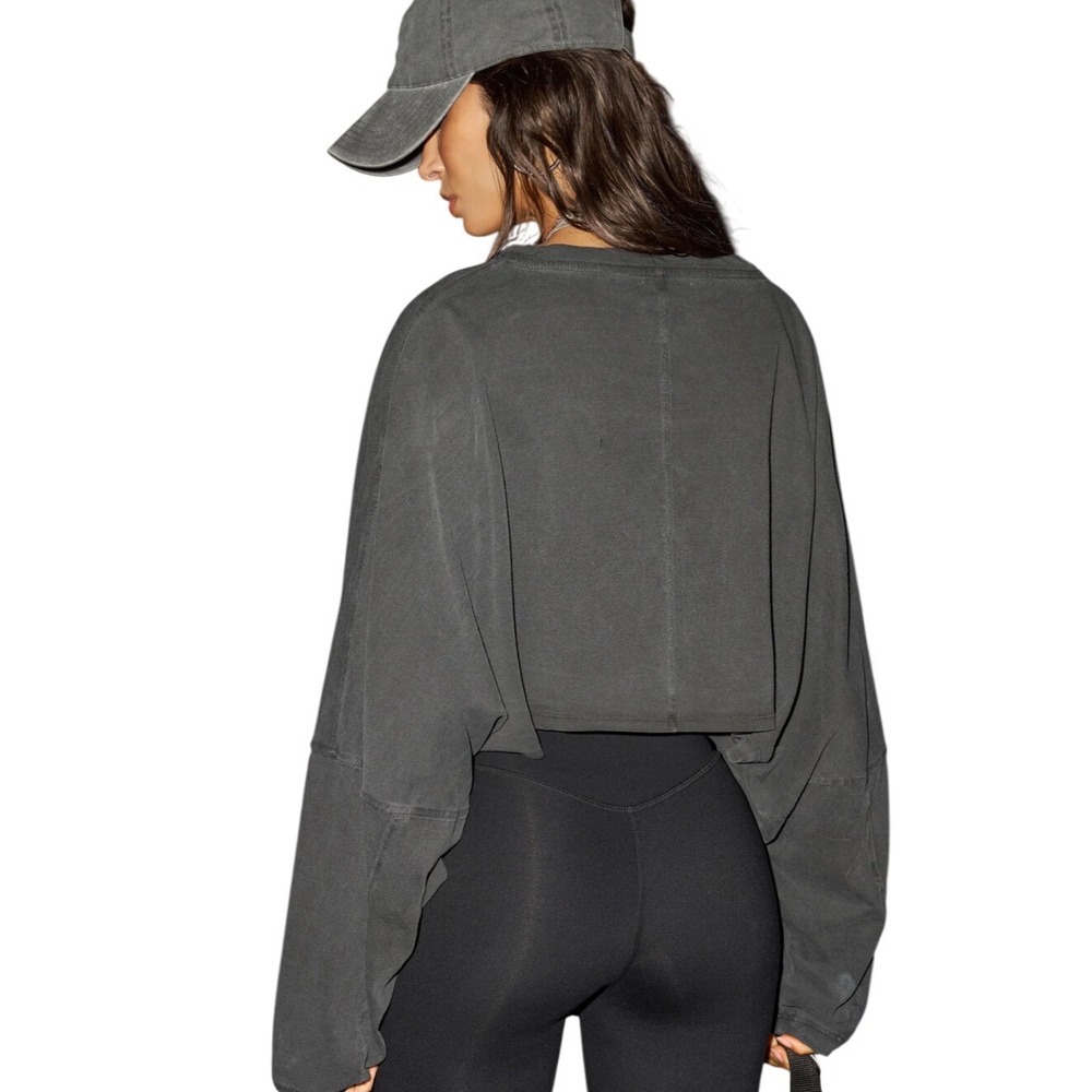 Joah Brown Slouchy Crop Long Sleeve Washed Black S/M Oversized Cotton Top - Picture 2 of 8